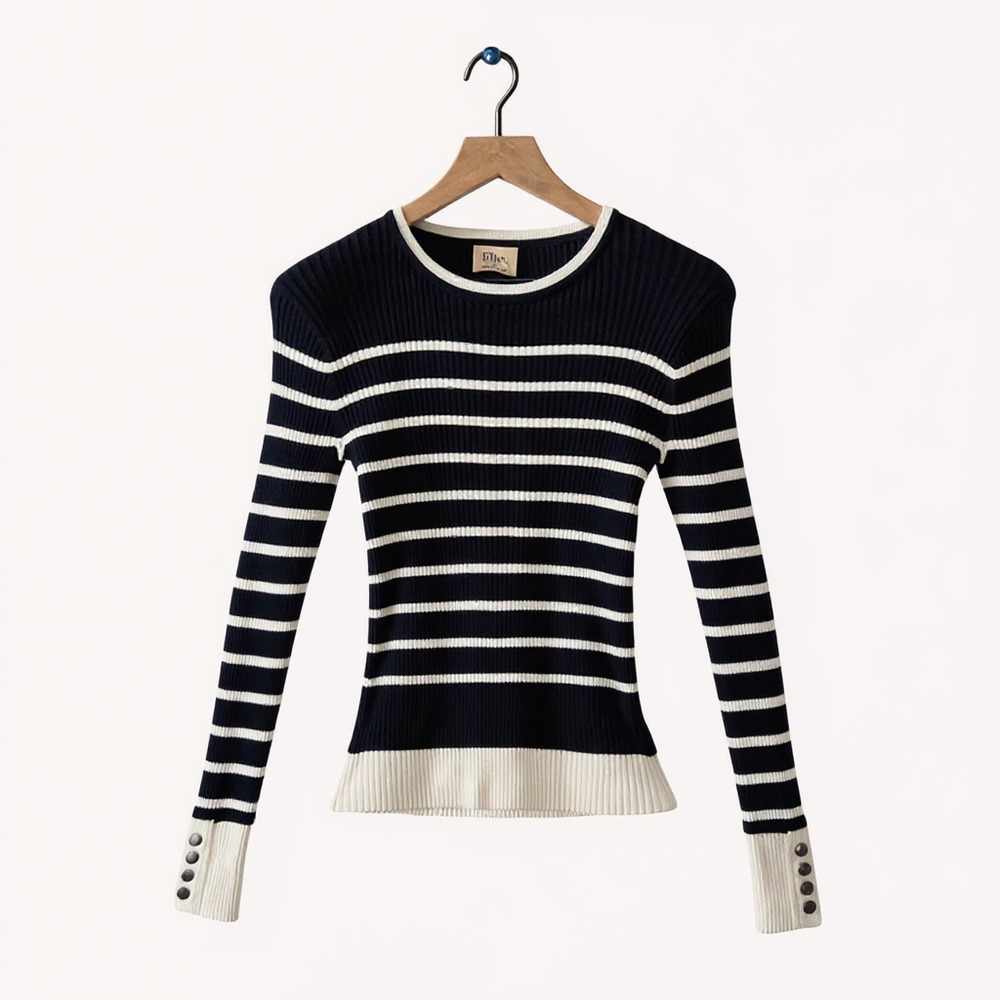 Elie Tahari Ribbed Stripe Stretch Sweater Size Small Navy Cream